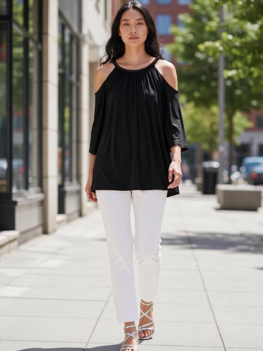 Michael Kors Black Cold-Shoulder 3/4 Sleeve Blouse With Embelished Neckline Med